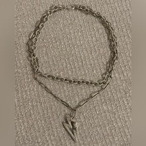 Vintage silver tone double stranded rhinestone lightning bolt chain necklace